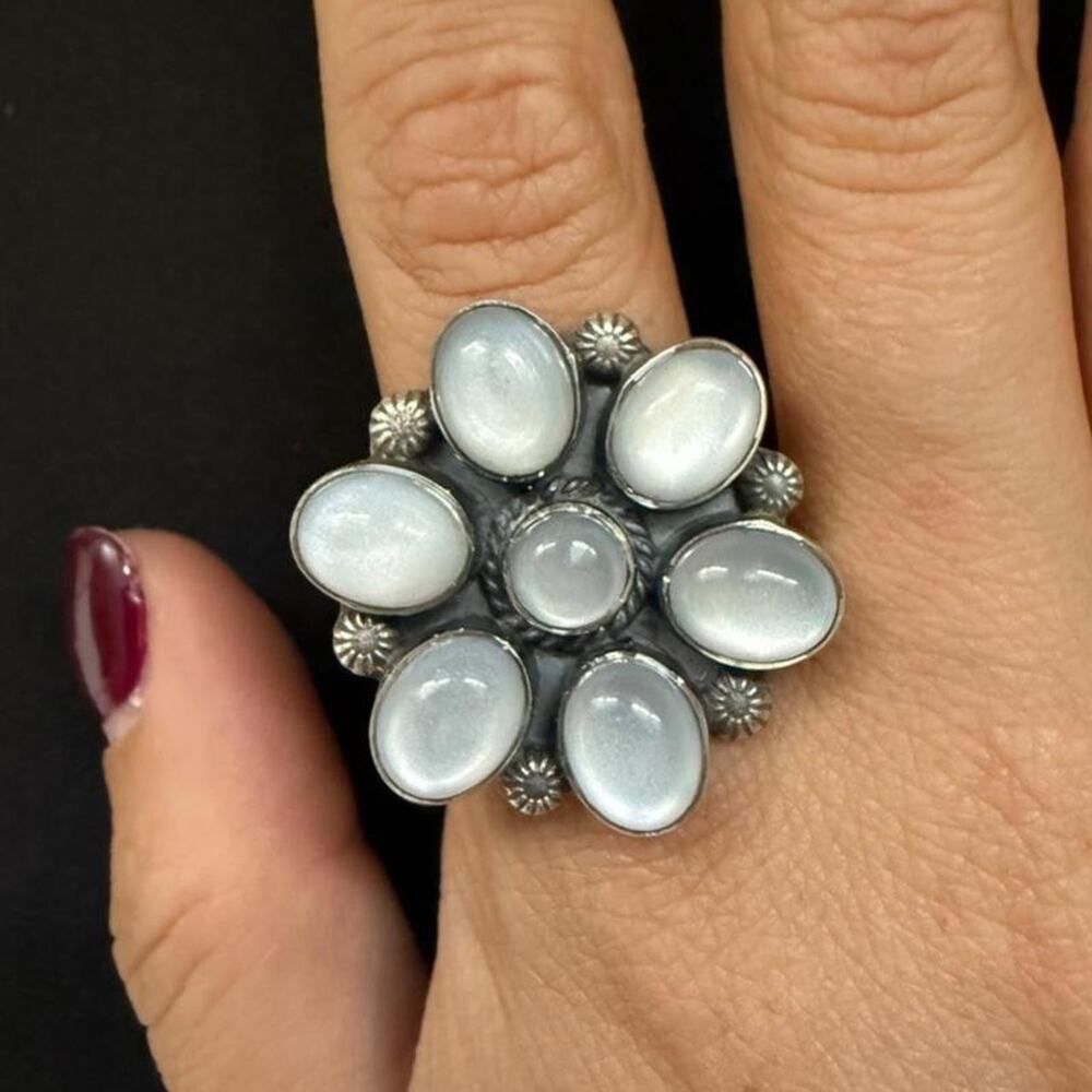 Sterling silver handmade moonstone flower cluster. Adjustable